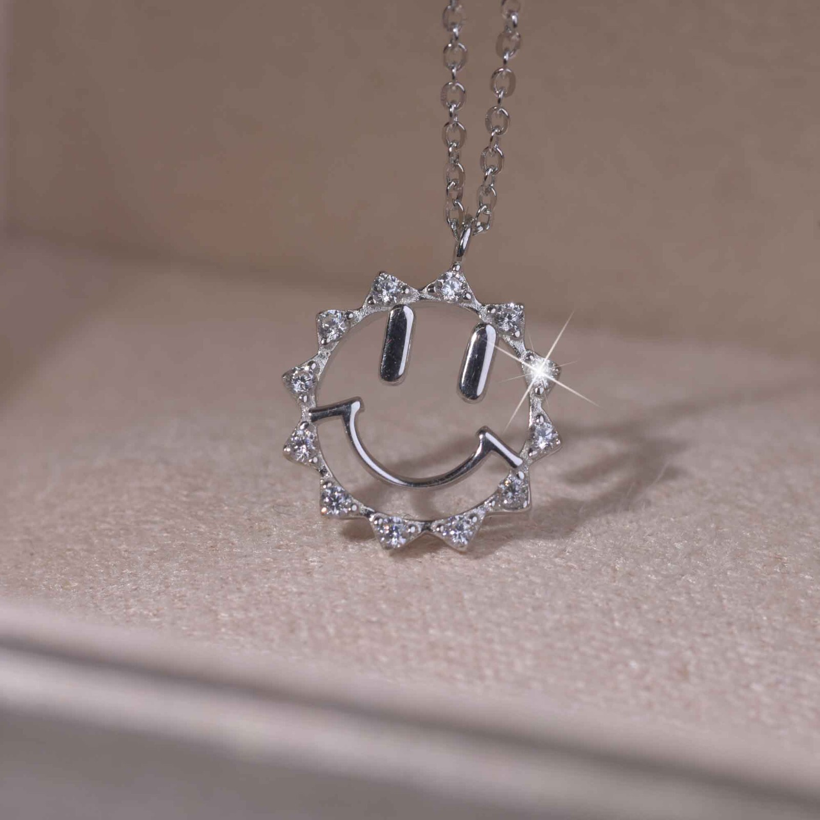 18k white gold 925 silver simulated diamond smile sun pendant chain necklace