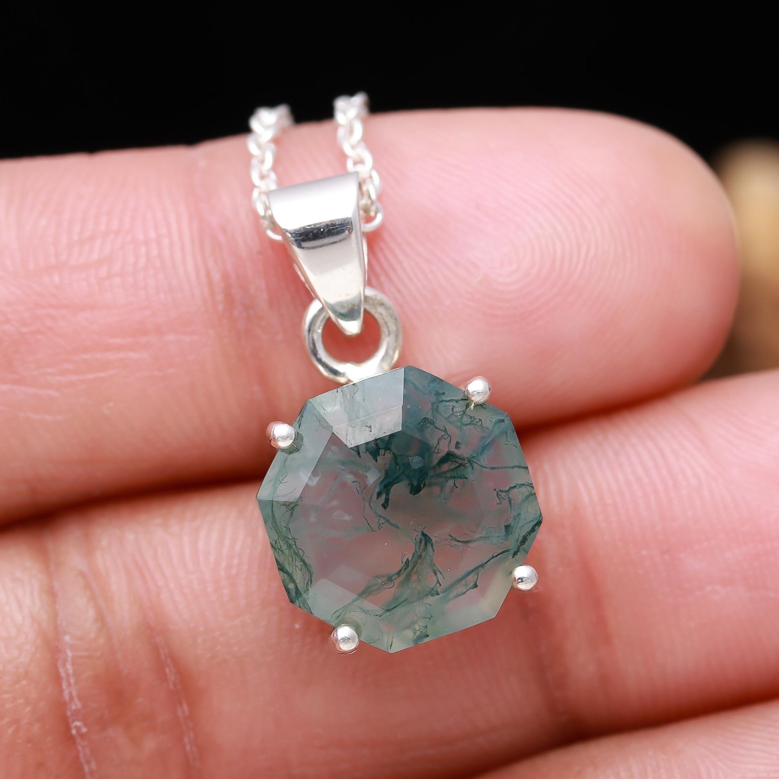Natural Moss Agate Octagon Chain Necklace 925 Sterling Silver Minimalist Jewelry