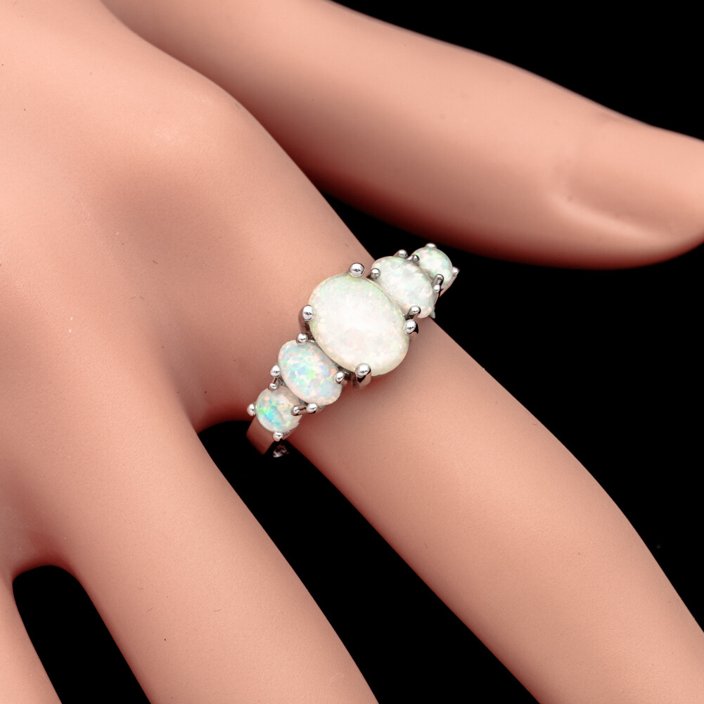 5-Stone White Fire Opal Cabochon Women Silver Jewelry Wedding Ring Size 6 7 8 9