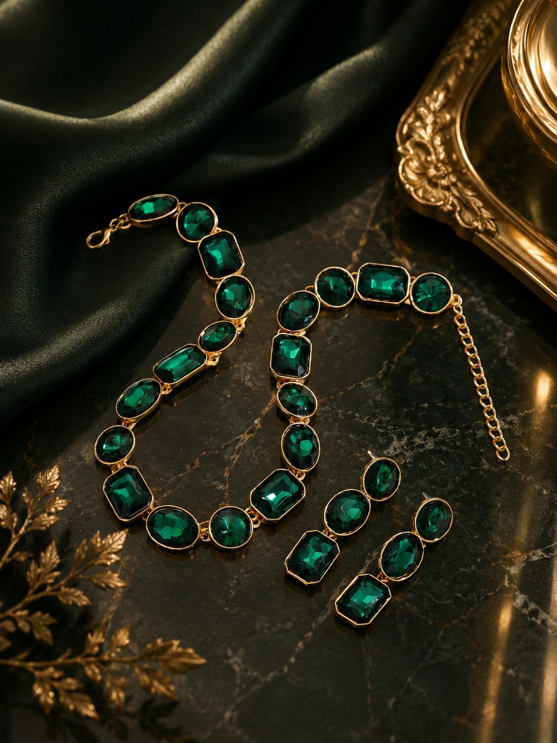 Emerald Green Crystal Jewelry Set Gold Necklace Earrings Wedding Prom Gift