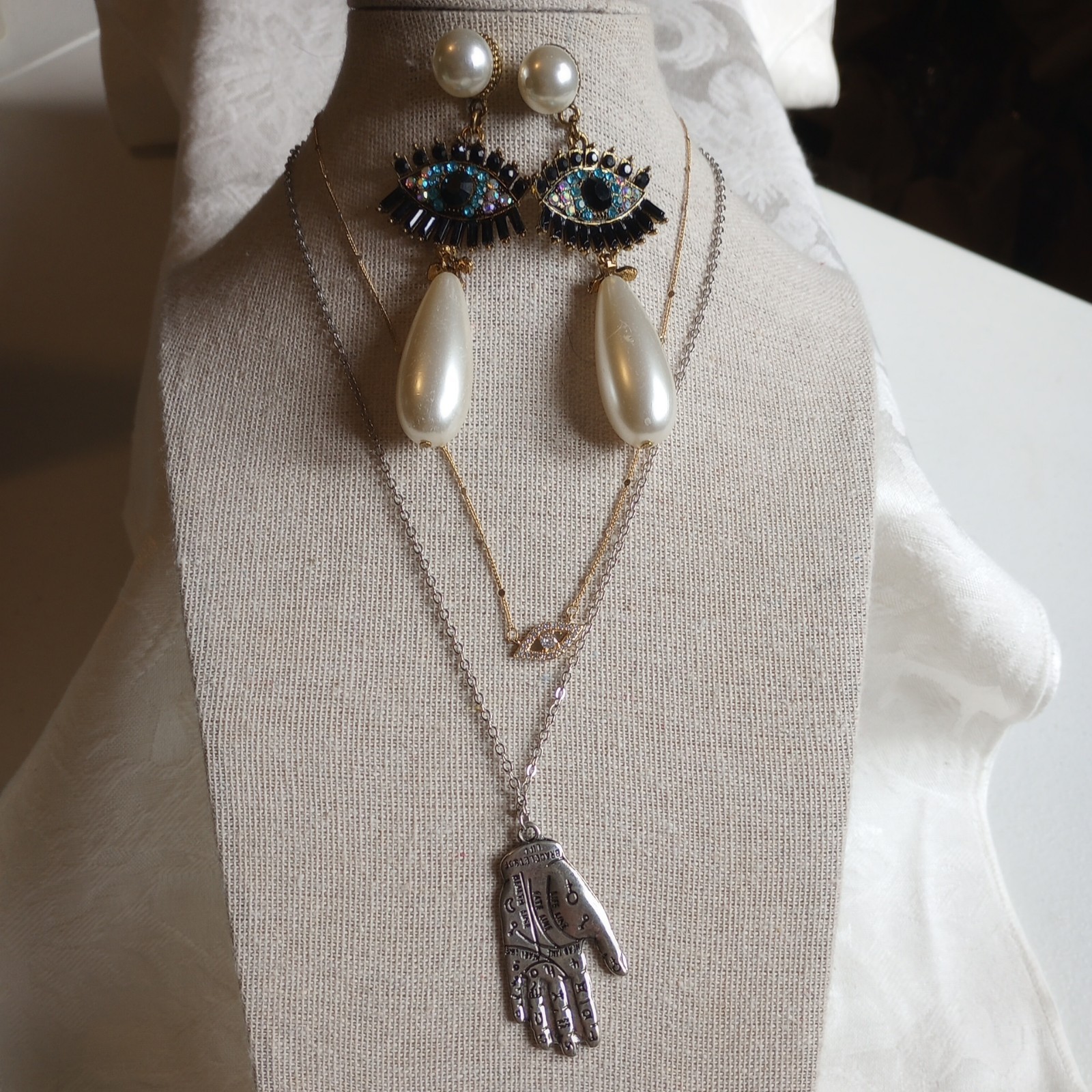 Evil Eye Harma hand protection Rhinestone Pearl Drop Dangle Earring necklace lot