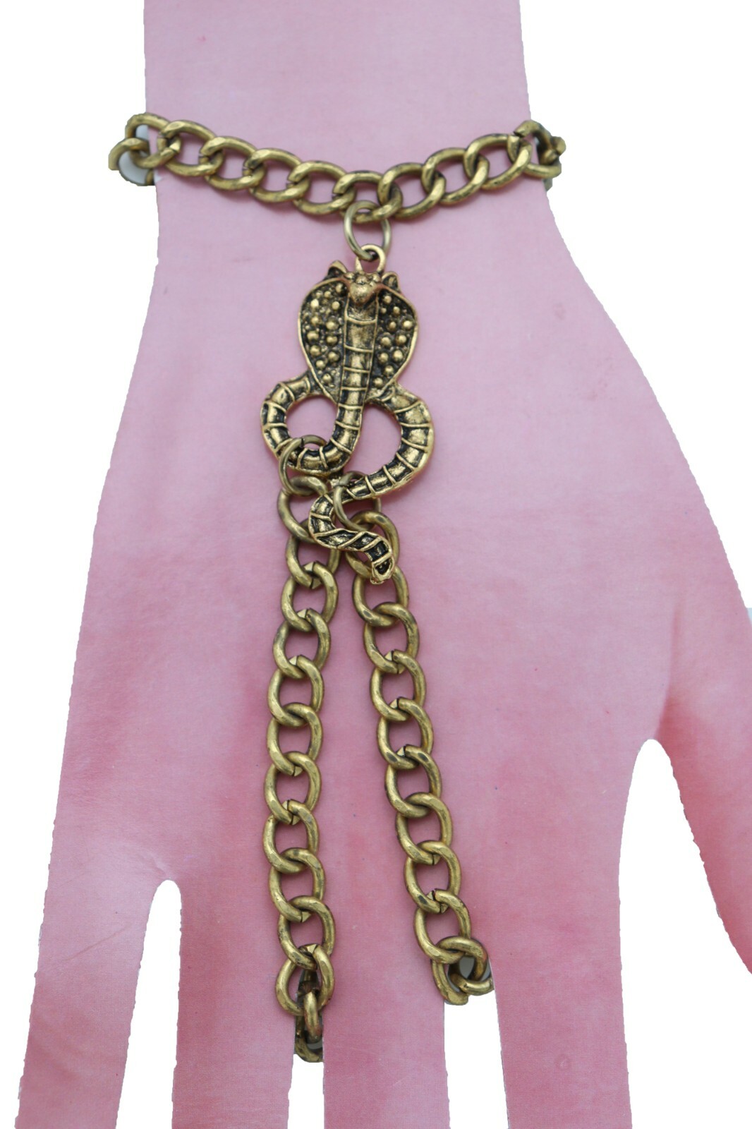 Women Bracelet Gold Metal Hand Chain Cobra Snake Charm Ring One Size Fits All