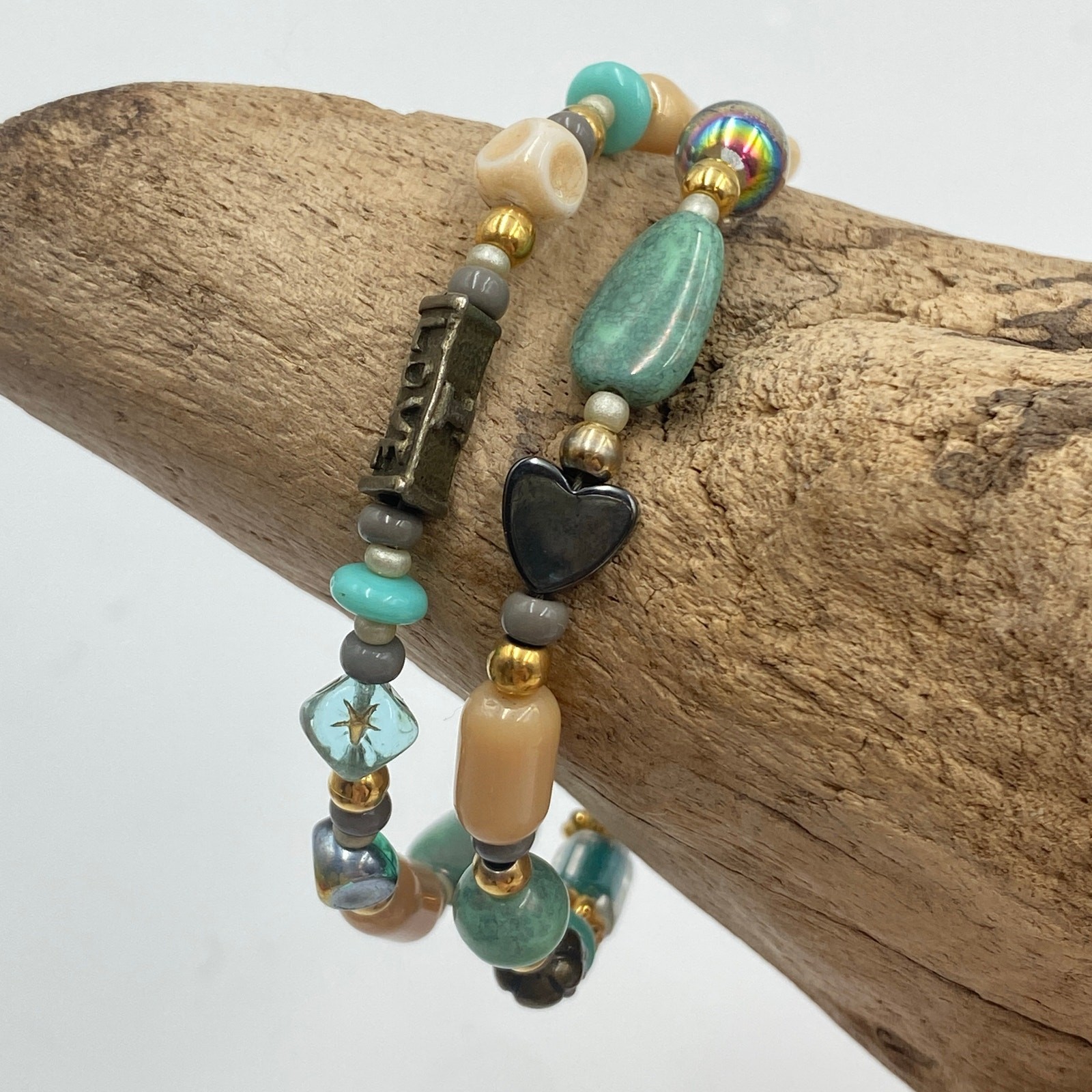 Beautiful Double Strand Bracelet, Earth Tone I Love You Half Moon Stars Bracelet