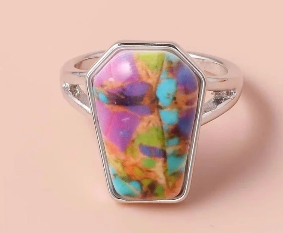 Women’s Colorful Bohemian Tie-Dye Ring in a Coffin Cut Silver Split Setting