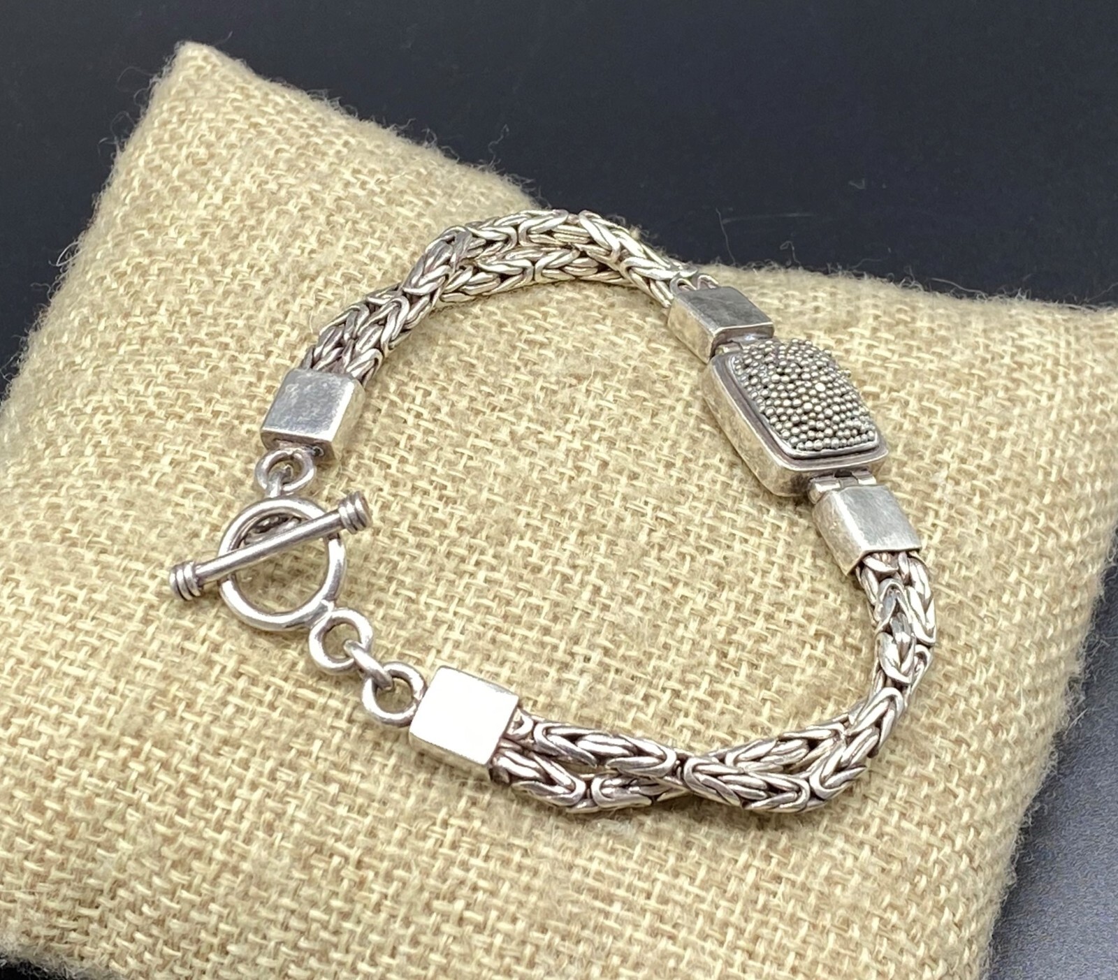 BALI STYLE-Sterling Silver Two Strand Granulated Byzantine Toggle Bracelet