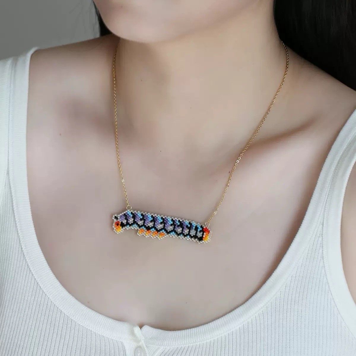 Handmade Caterpillar Pendant Beaded Bar Necklace Gift for Women Girls