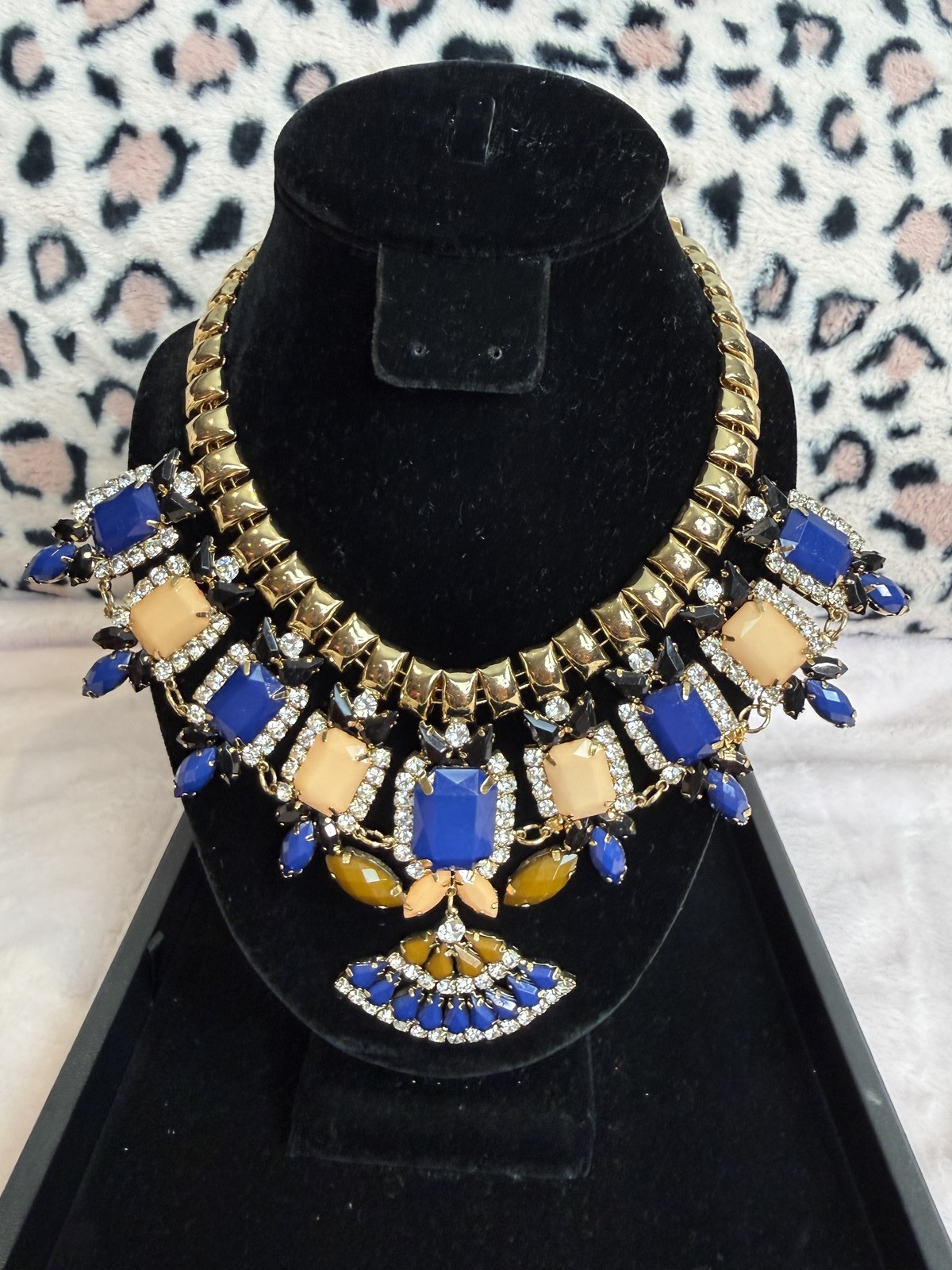 Gold Tone Statement Bib Necklace Blue Peach Amber Rhinestone Collar Fan Drop
