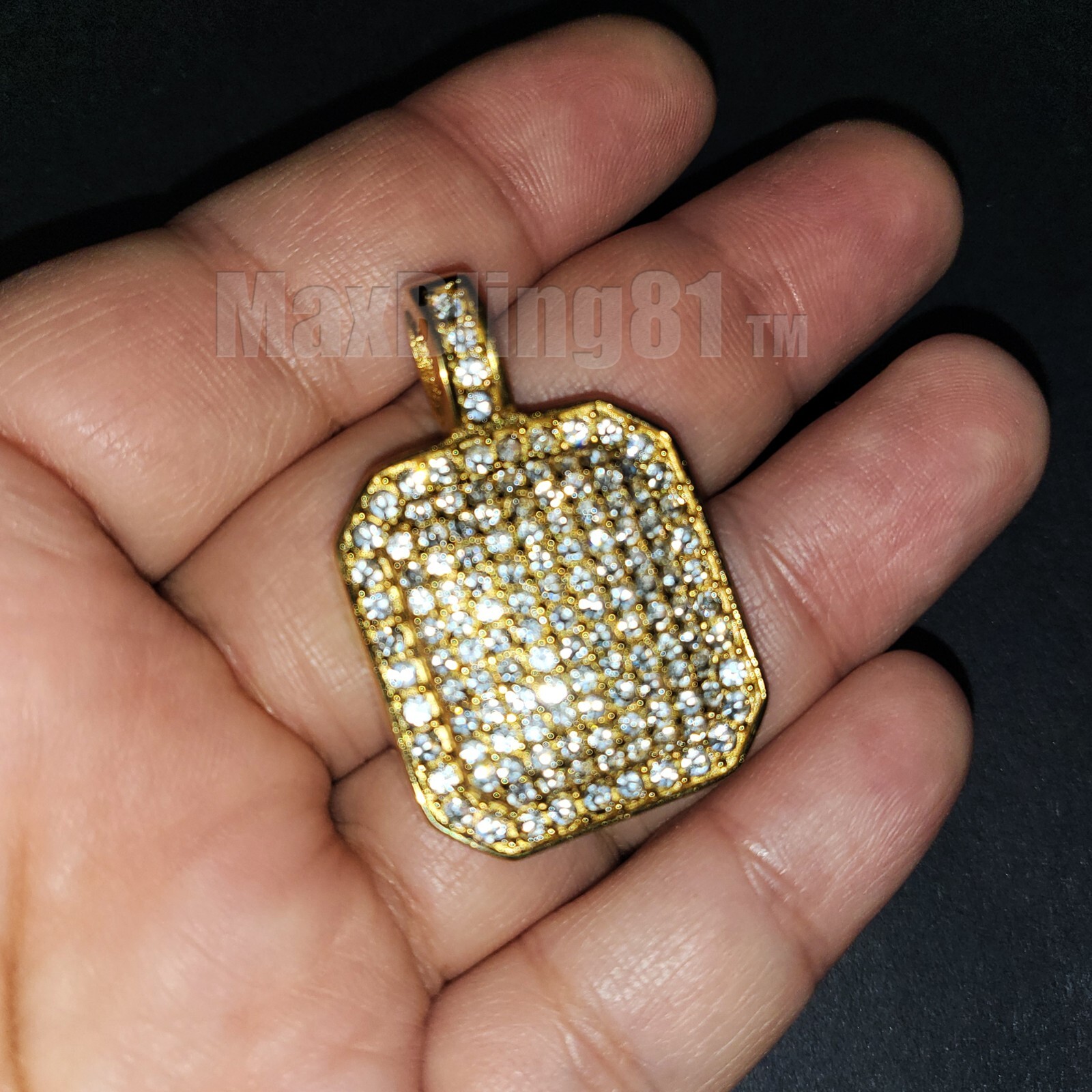 Stainless Steel Gold Tone Hip Hop Iced Cubic Zirconia DOG TAG Square Pendant