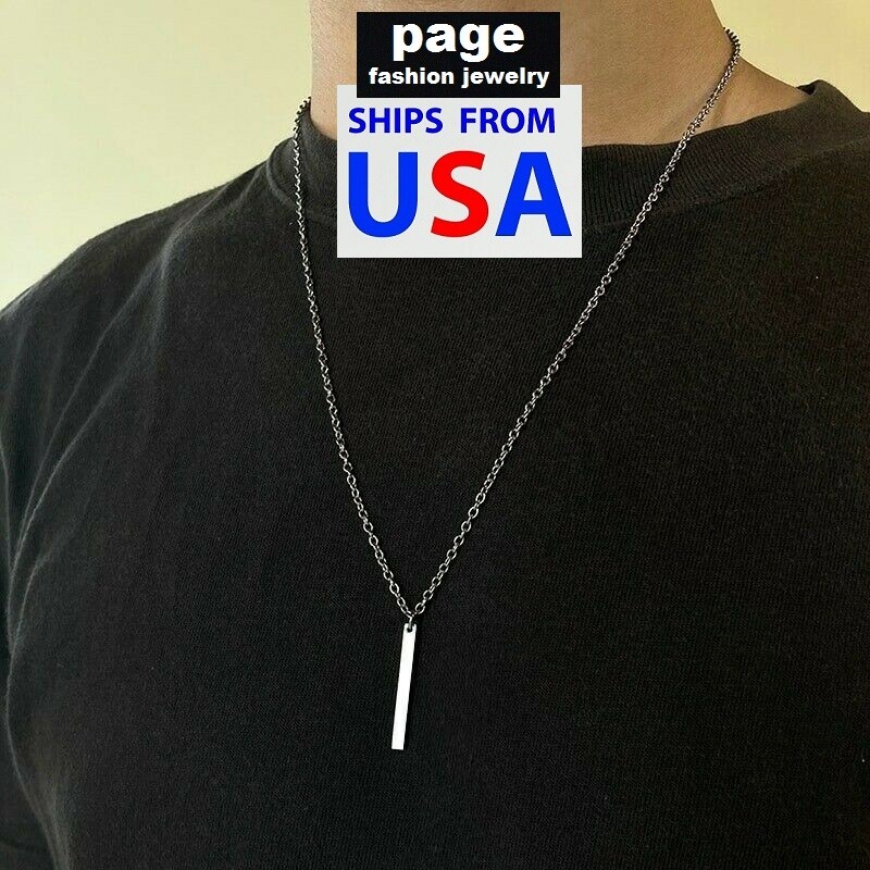 Women / Men Silver Stainless Steel 24″ Chain Necklace Simple Rectangular Pendant