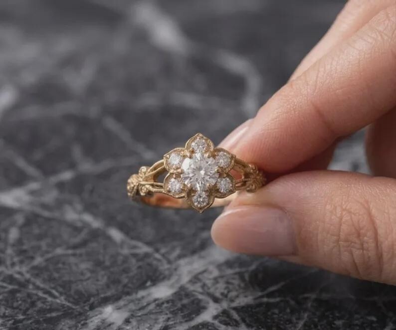 Vintage Floral Halo CZ Engagement Ring 925 Sterling Silver Promise Ring For Her.