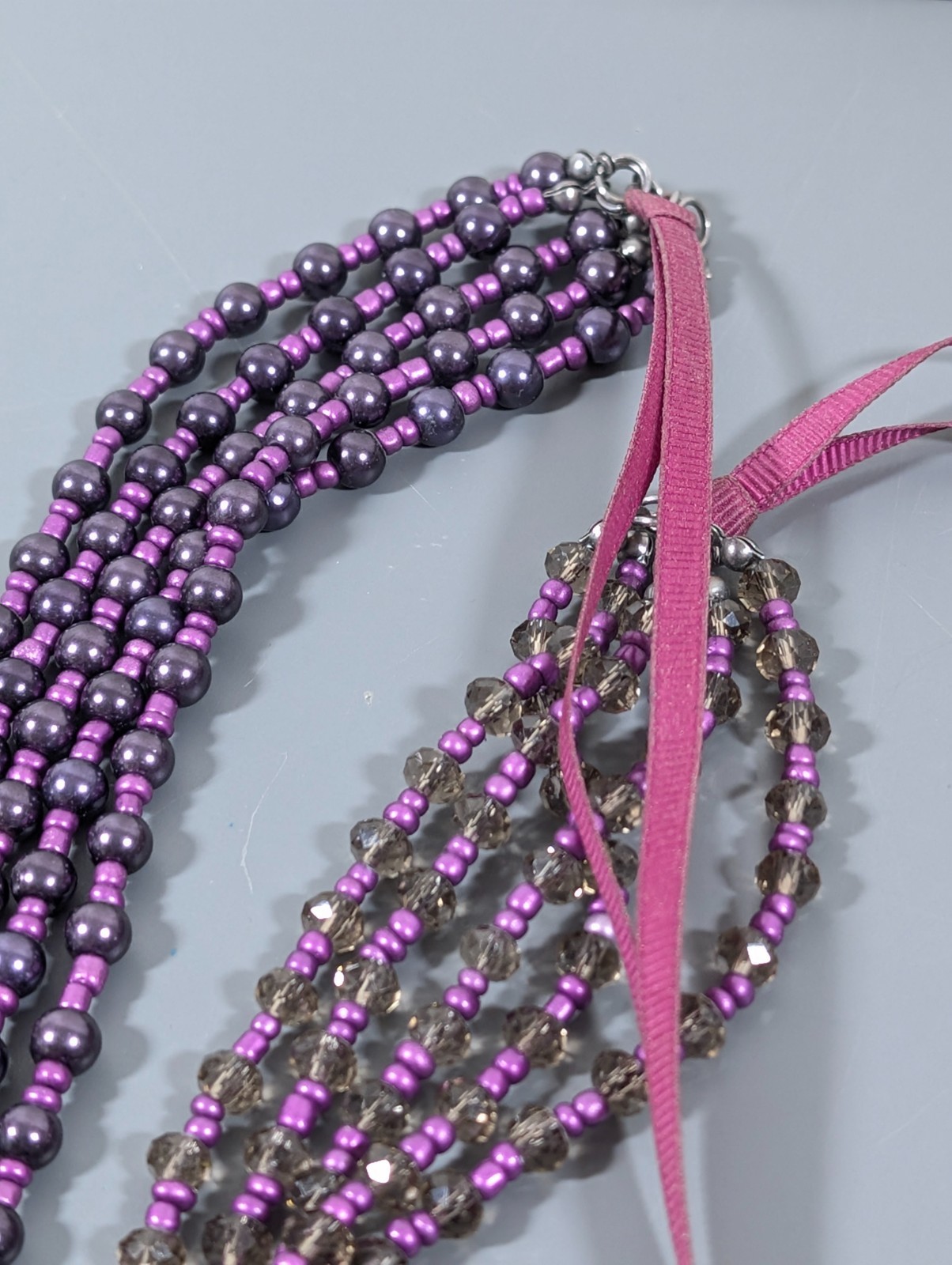 Lane Bryant Purple Faux Pearl Bead Layered Ribbon Necklace 35 in
