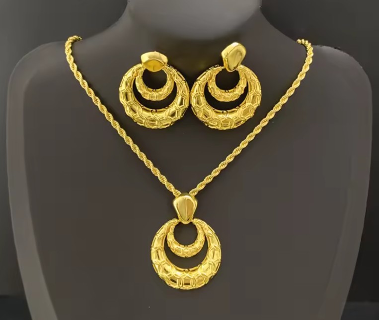 45cm African Dubai 18K Gold Plated Bridal Double Layer Earrings Pendant Necklace