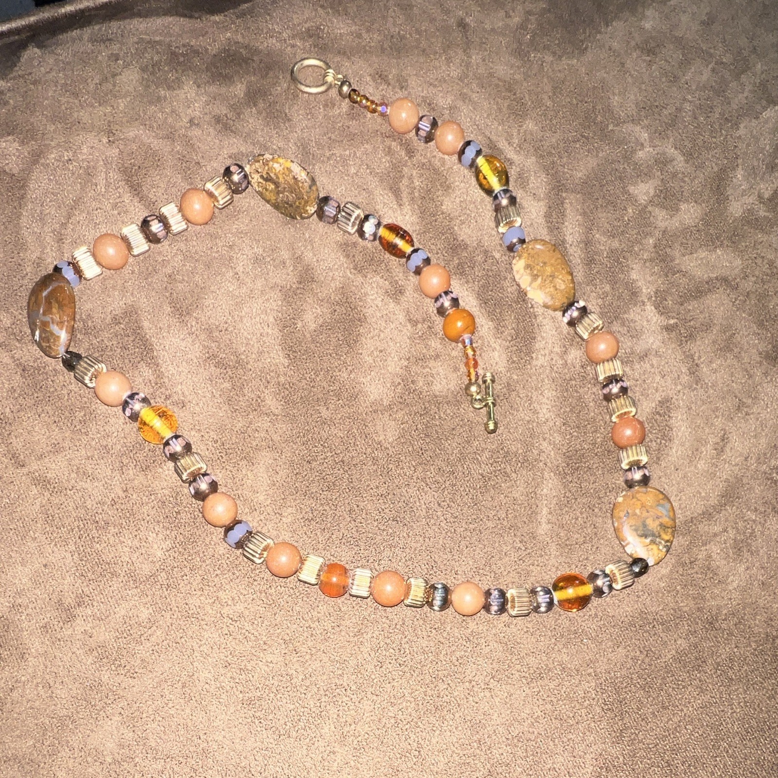 Jasper & Glass Beaded Necklace, Oval Beads, Brown Beige Orange, Toggle