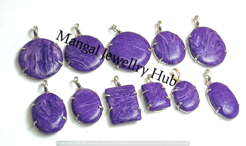 Trendy Charoite Gemstone Prong Pendants 925 Sterling Silver Plated Lot Jewellery