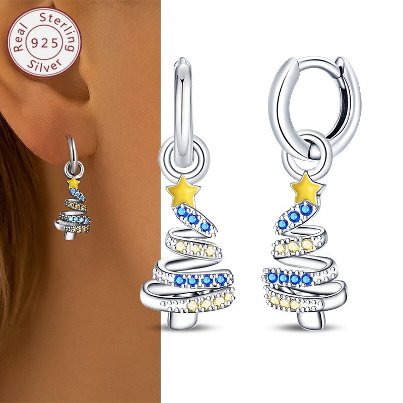 PANDACH 925 Sterling Silver Christmas Tree Drop Earrings For Women Jewelry Gifts