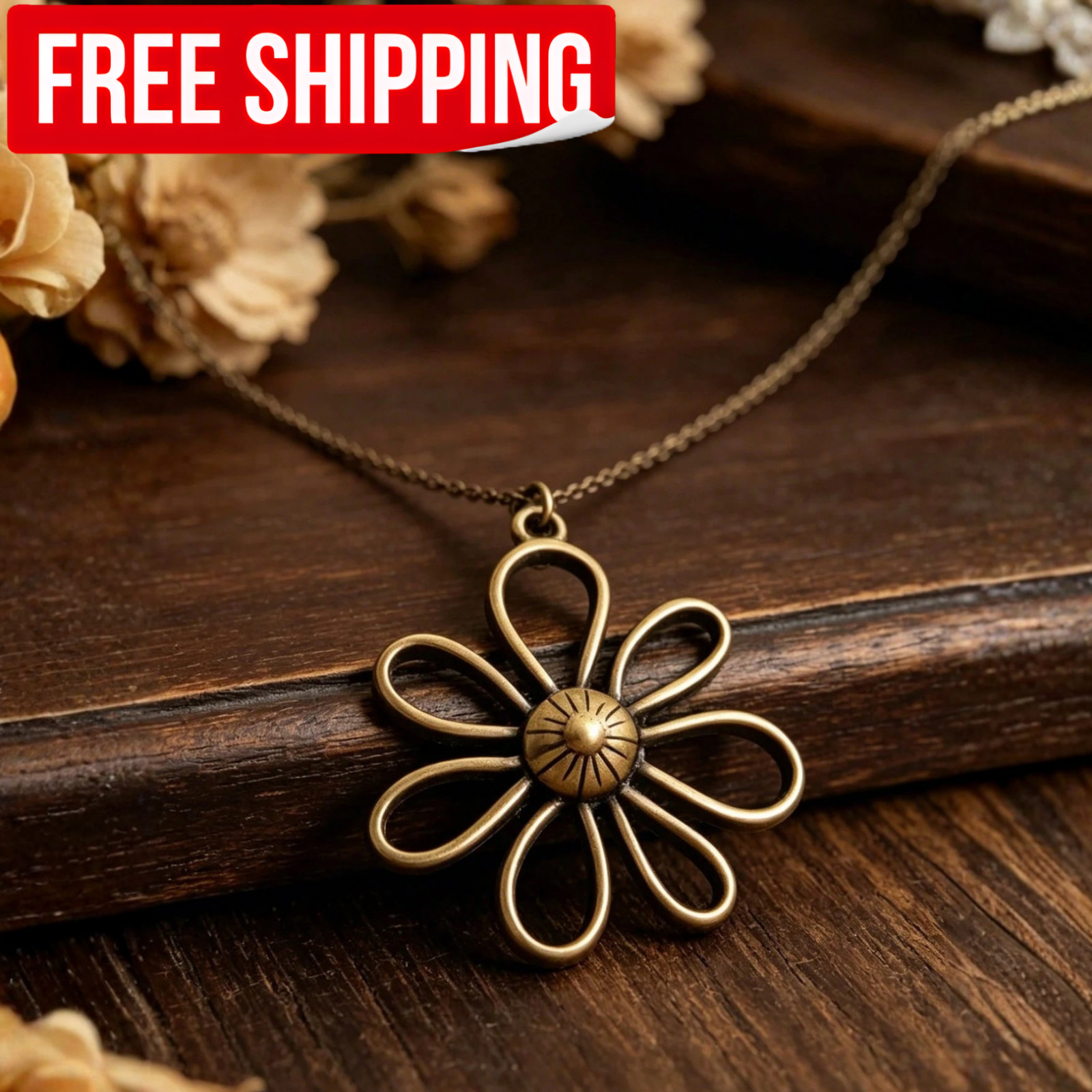Vintage Hollow Flower Pendant Necklace Bronze Alloy Chain Necklace for Women US