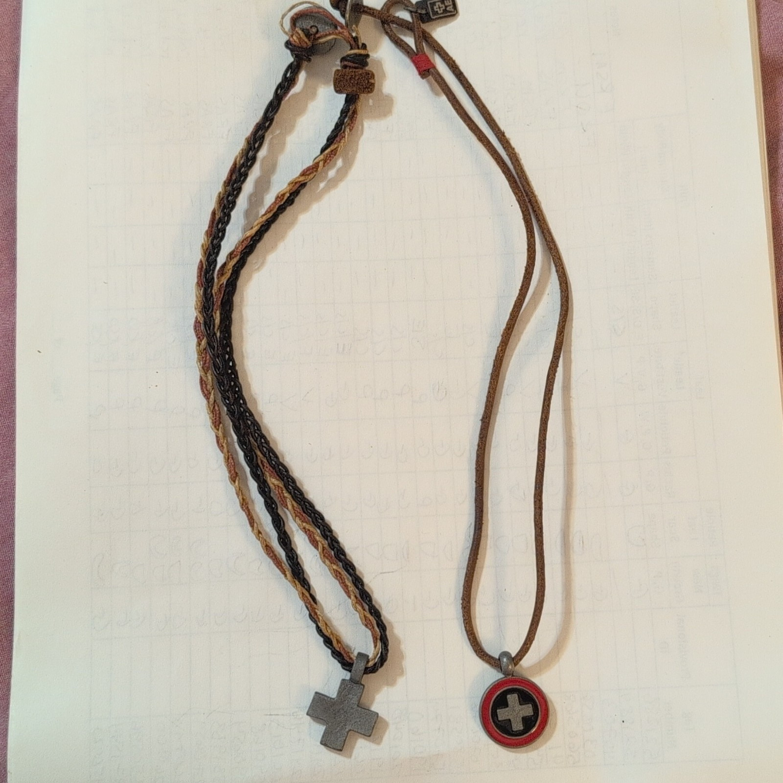 AE Two Brown And Black Leather Cord Necklace Cross Charm Pendant Tie Closure