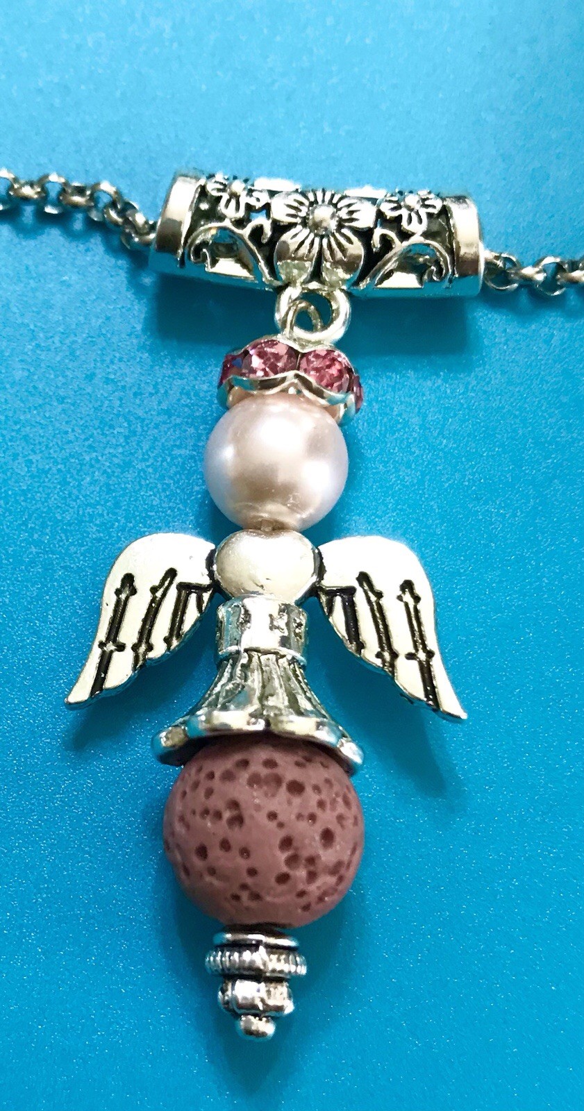 Handmade Diffuser Angel Wing Mauve Lava Bead Pink Glass Pearl Pendant Rolo Chain