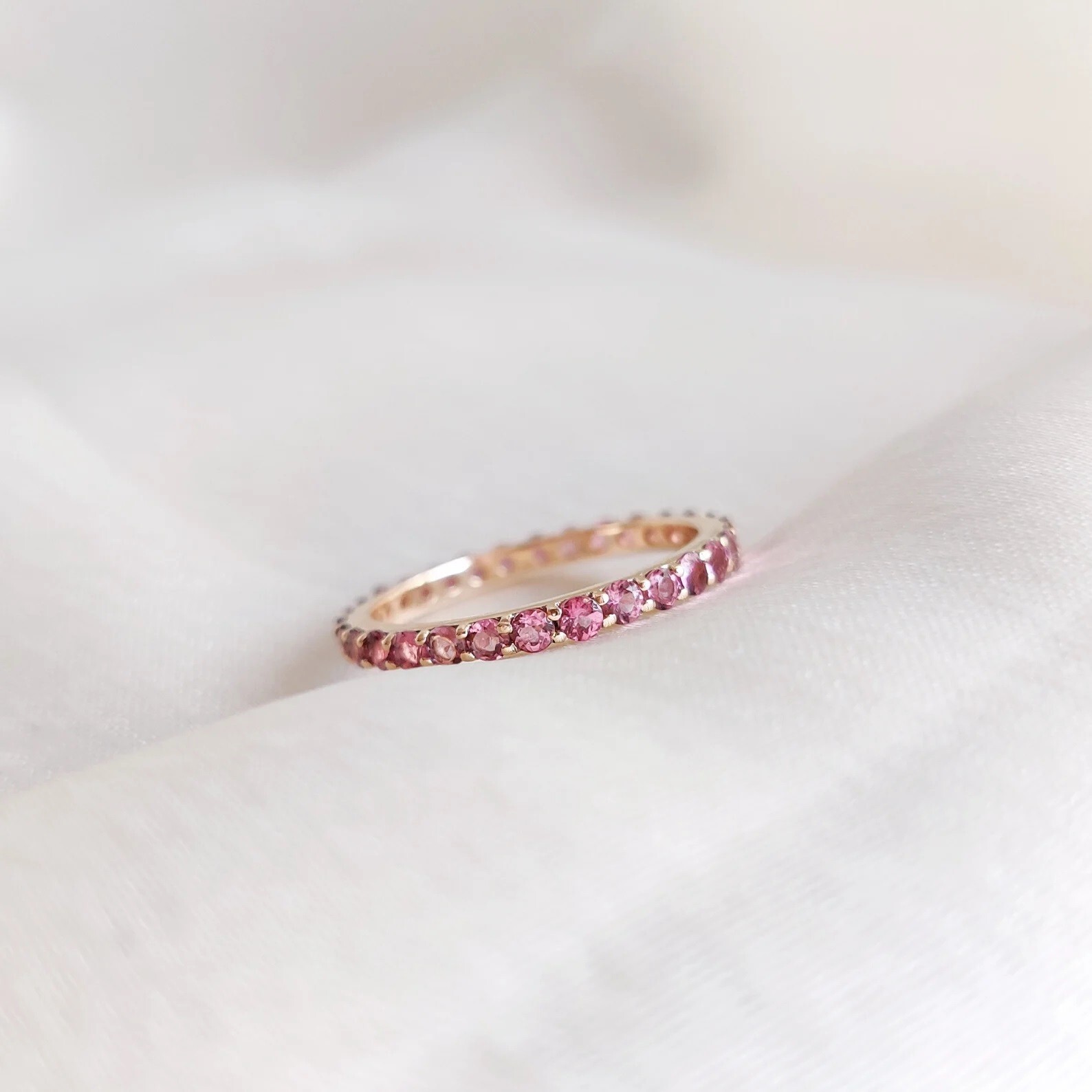 Round Pink Tourmaline Eternity Ring October Birthstone Ring 14k Gold Plated