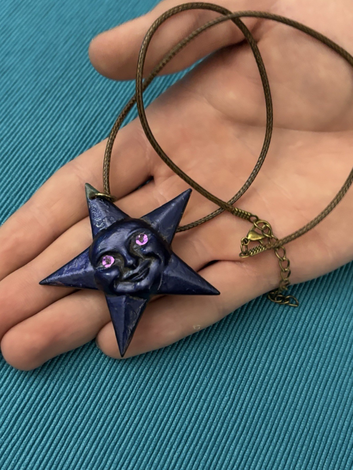 Star Moon double sided pendant on a cord necklace