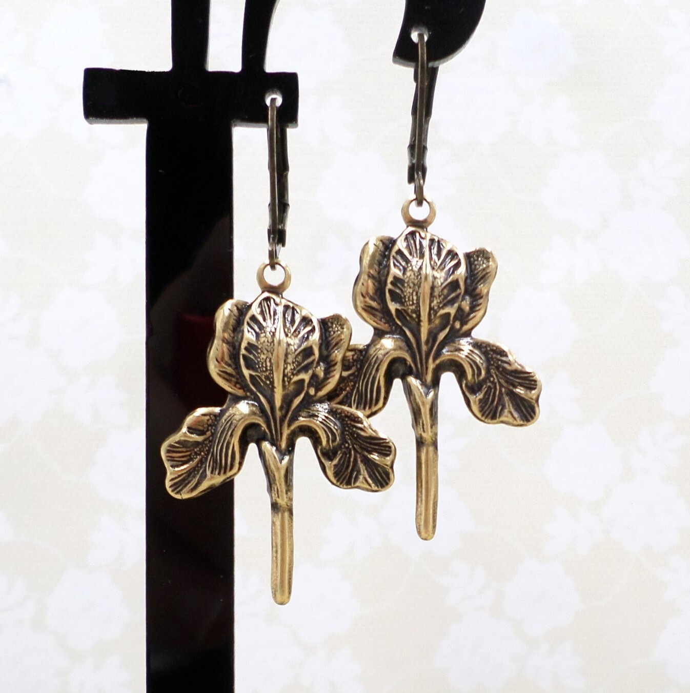 Flower Earrings Iris Antique Gold Tone Brass Art Nouveau Style Jewelry Botanical