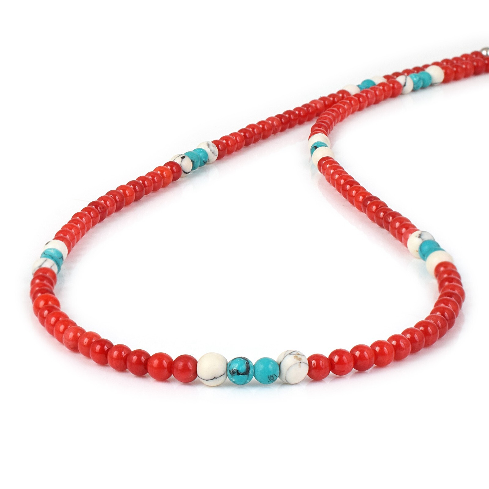 Natural 4mm Blue Turquoise & Red Coral 18″ Gemstone Beaded Ladies Necklace