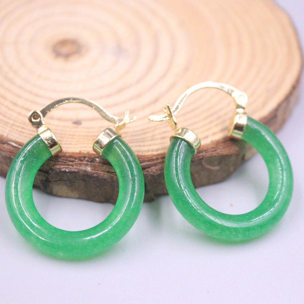 18K GP Alloy Heating Jade Earrings Hook For Women Green Earrings Hoop Circle