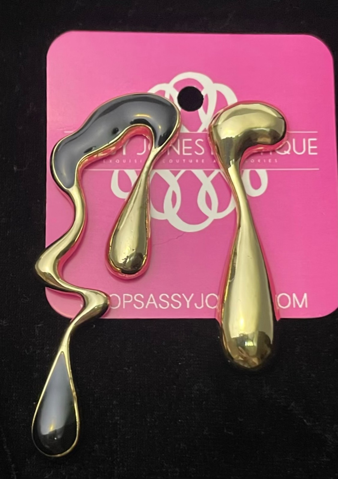 Sassy Jones Boutique Earrings Asymmetrical Teardrop Gold Tone Black Enamel Bold