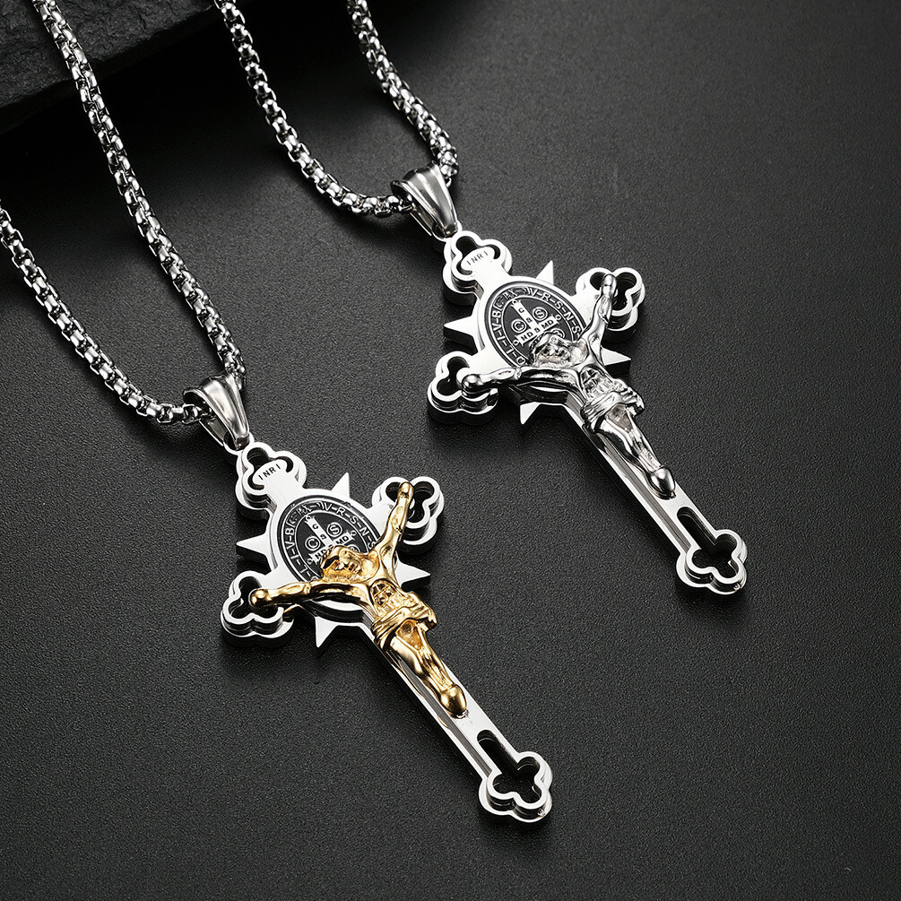 Mens Catholic Jesus Crucifix Cross Pendant Necklace St Benedict Stainless Steel