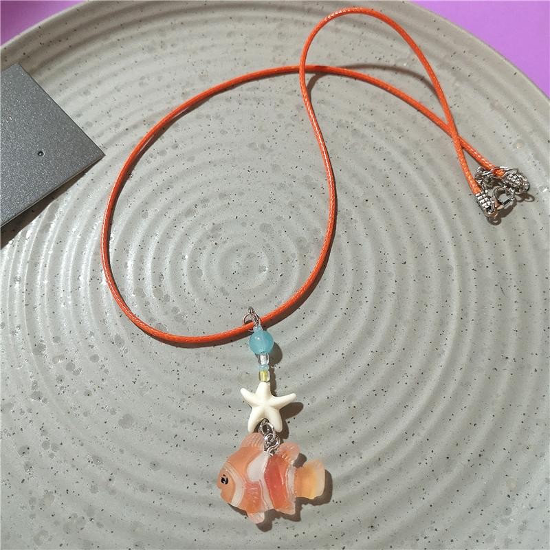 Orange Ceramic Fish Starfish Pendant Beaded Choker Necklace Boho Vacation