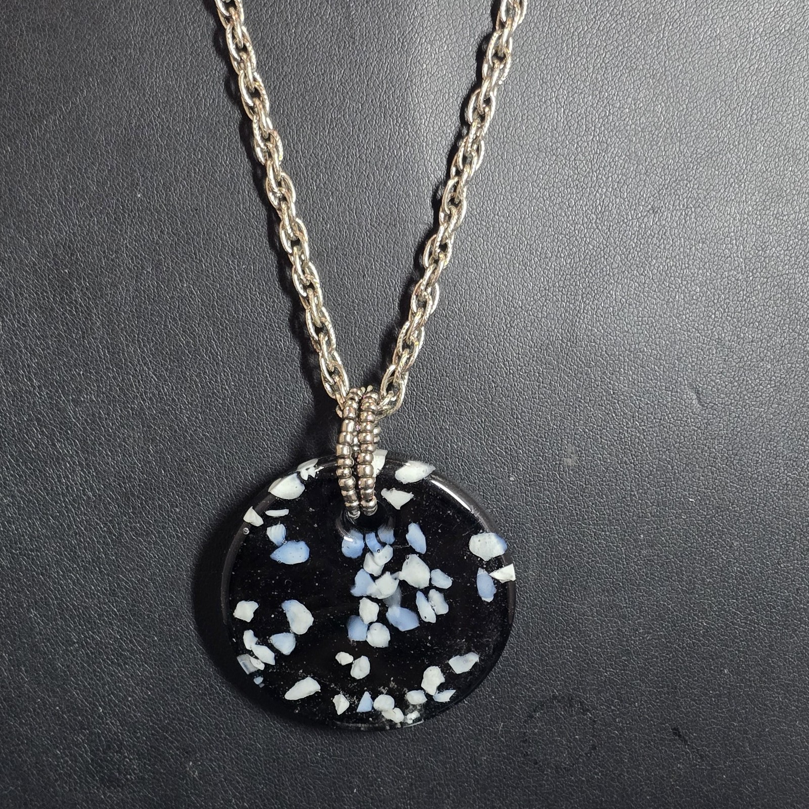 Necklace Black Glass Round Pendant Silver Tone Rope Chain Beaded Bail Womens
