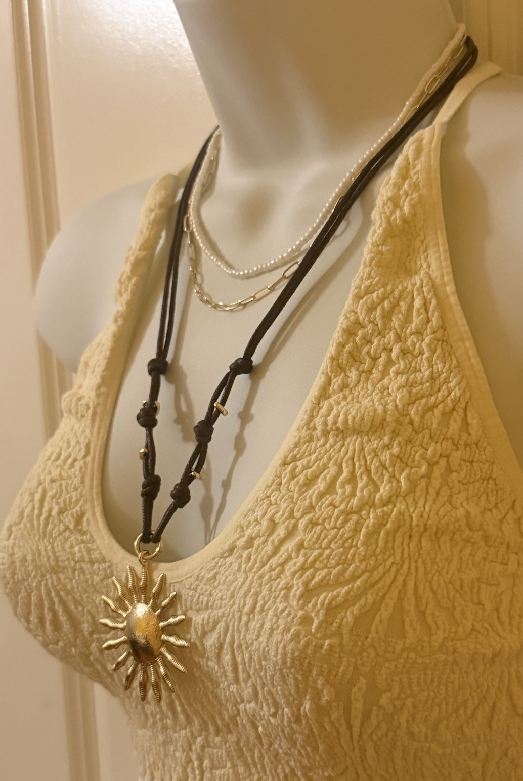Free People Layered Sun Pendant Necklace Brown Cord Gold Boho Adjustable