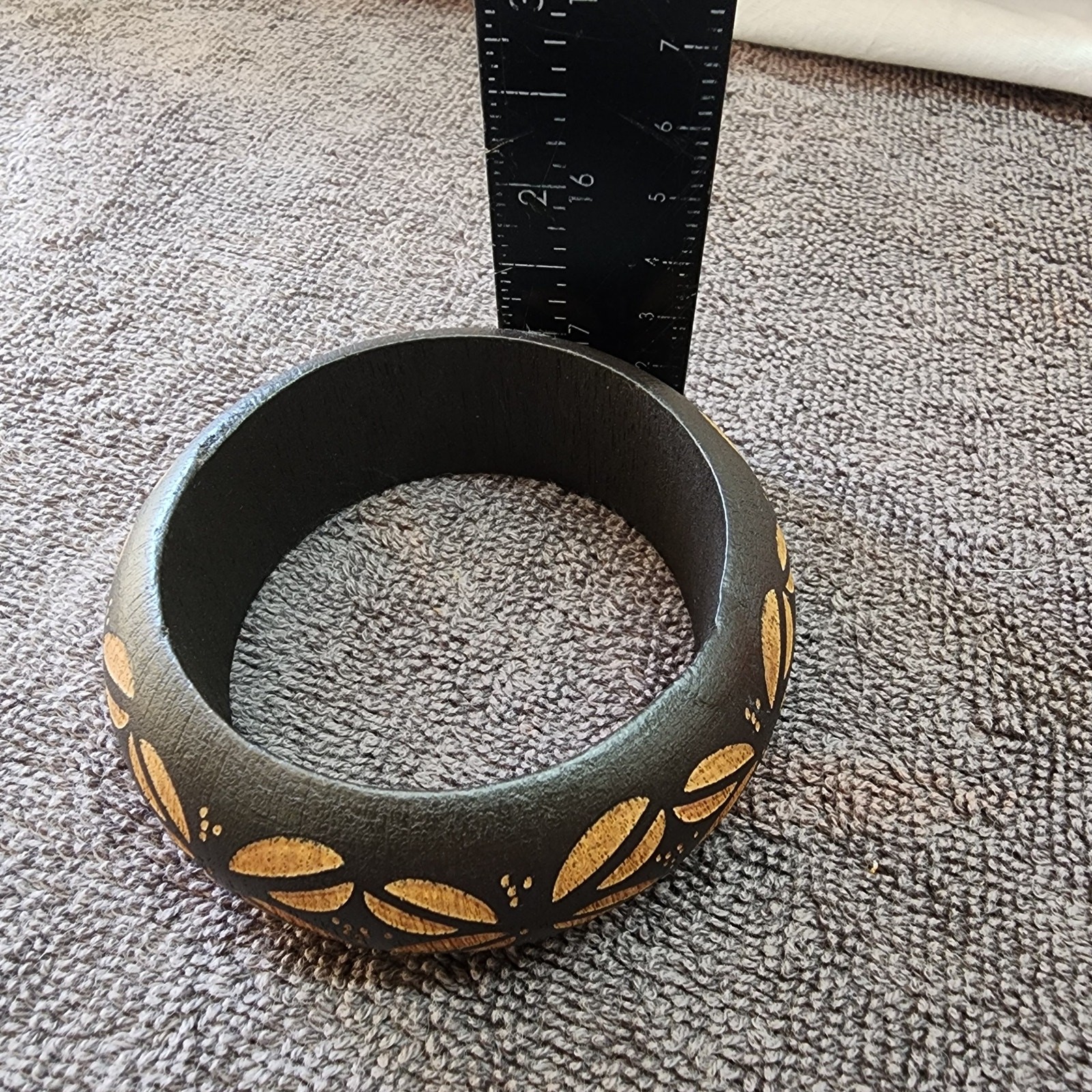 Dark brown Wooden bangle bracelet light brown carvings not signed 1 scrape jb