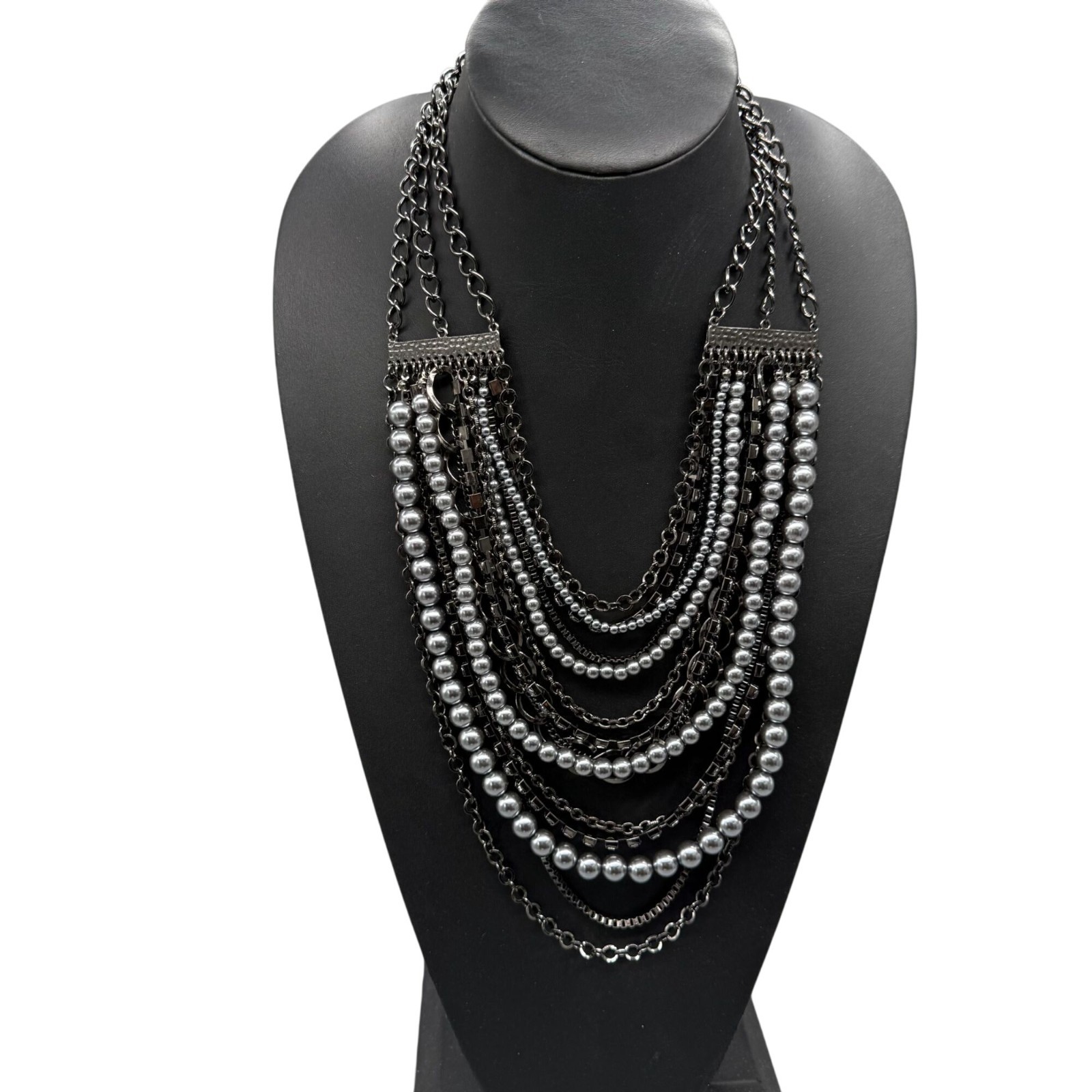 Rhinestone Gray Beaded Layered Multi-Strand Chain Necklace Silver Tone