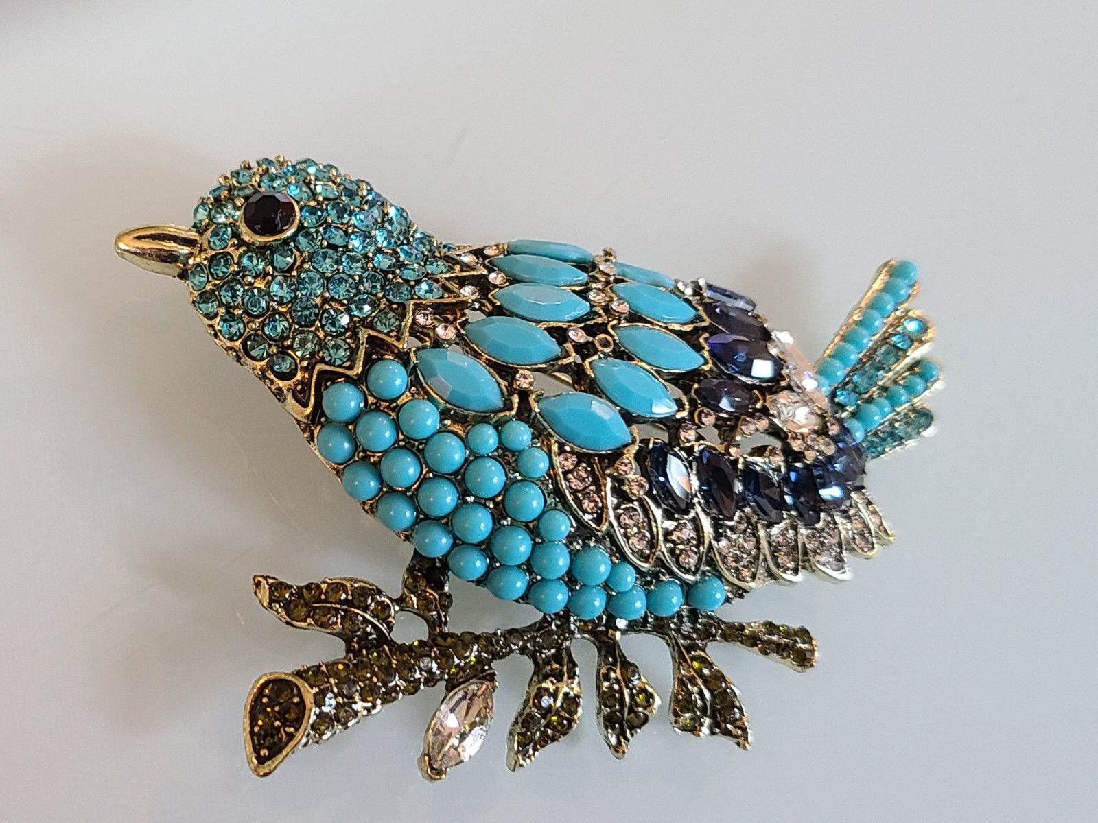 FAB HUGE 3.75″ New UNSIGNED I DESIGNER MARQUISE RHINESTONE BLUE BIRD PIN
