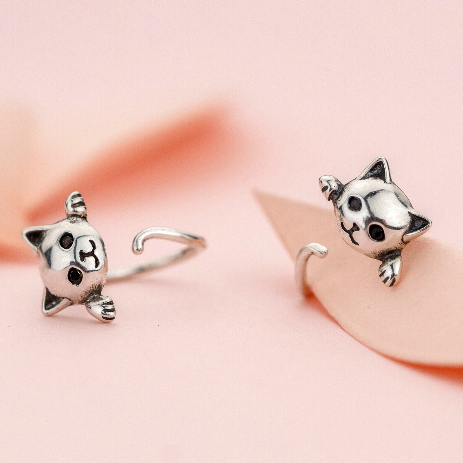 925 sterling silver hanging funny cat wrap earrings, funny cat animal earrings