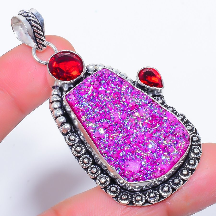 Natural Pink Titanium Drusy & Garnet 925 Silver Plated Pendant 2.6″ T2773