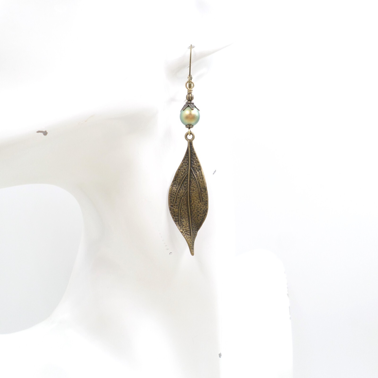 Bohemian Brass Botanical Leaf Earrings, Green Glass Pearl Nature Lover Jewelry