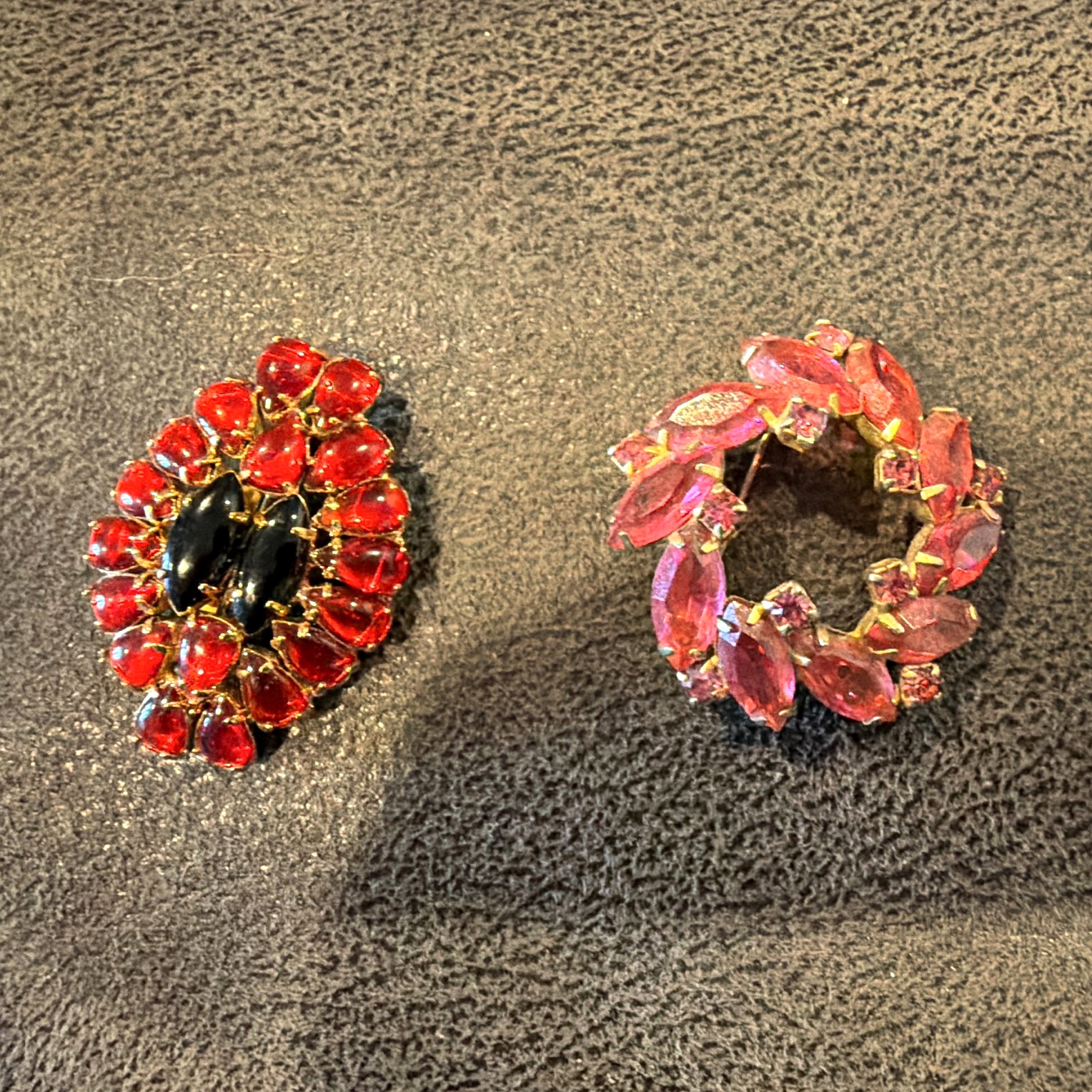 Lot of 2 Gold-Tone Flower Brooch Pins w/ Rhinestones, Red Black Pink