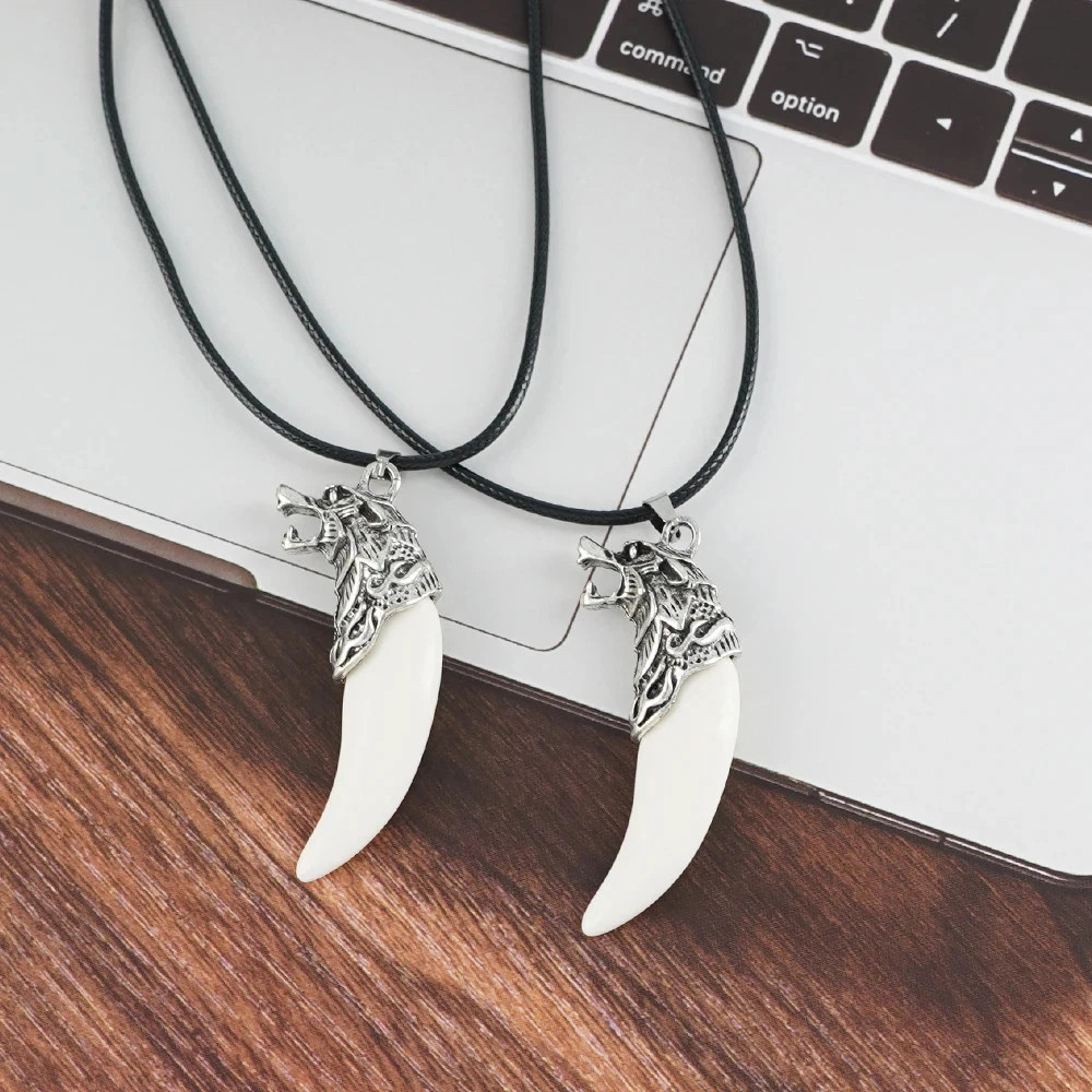 White Wolf Tooth Pendant Necklace Rope Chain Animal Amulet Jewelry