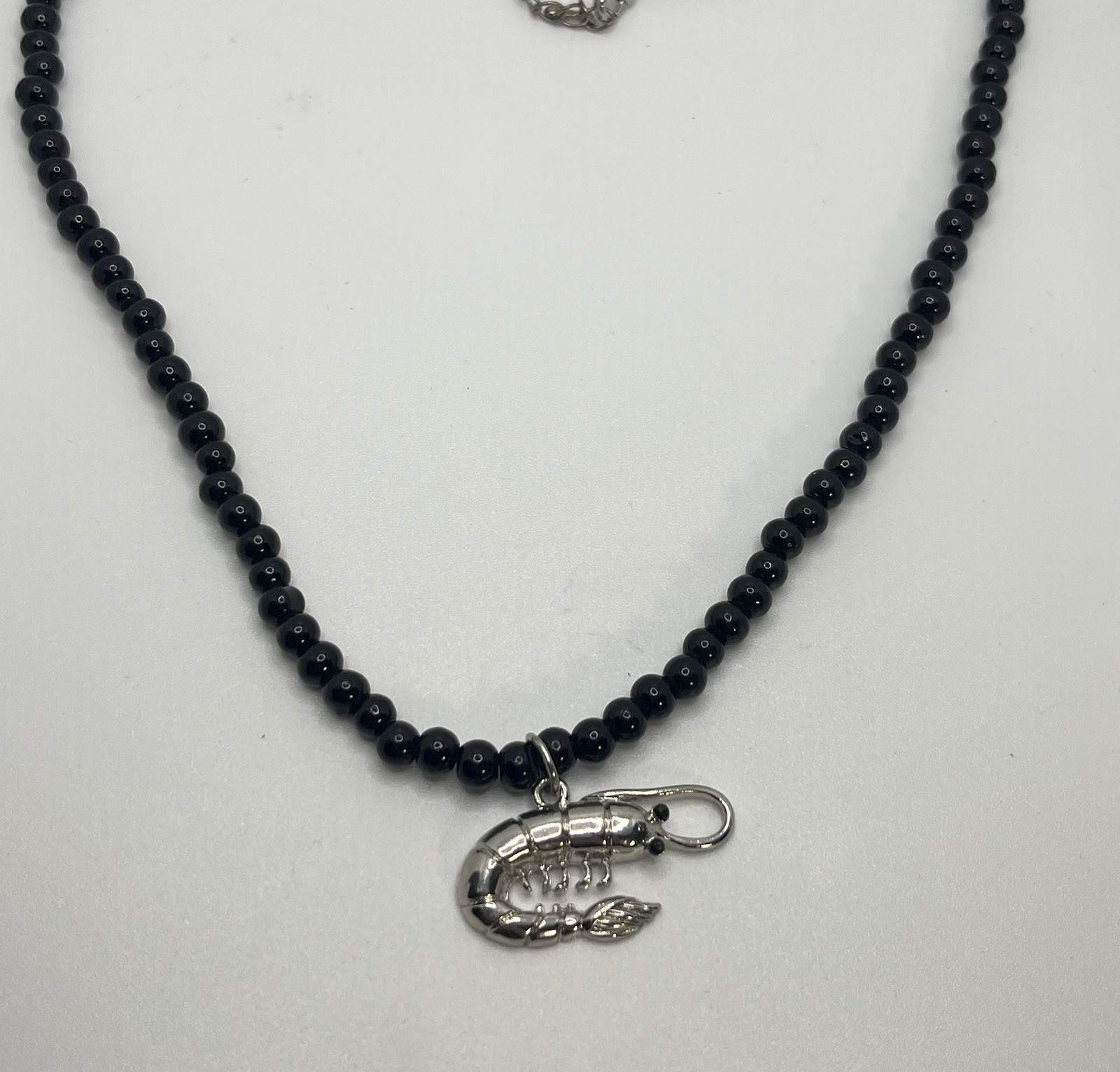 Shrimp And Black Bead Necklace Small Sea Charms Nautical