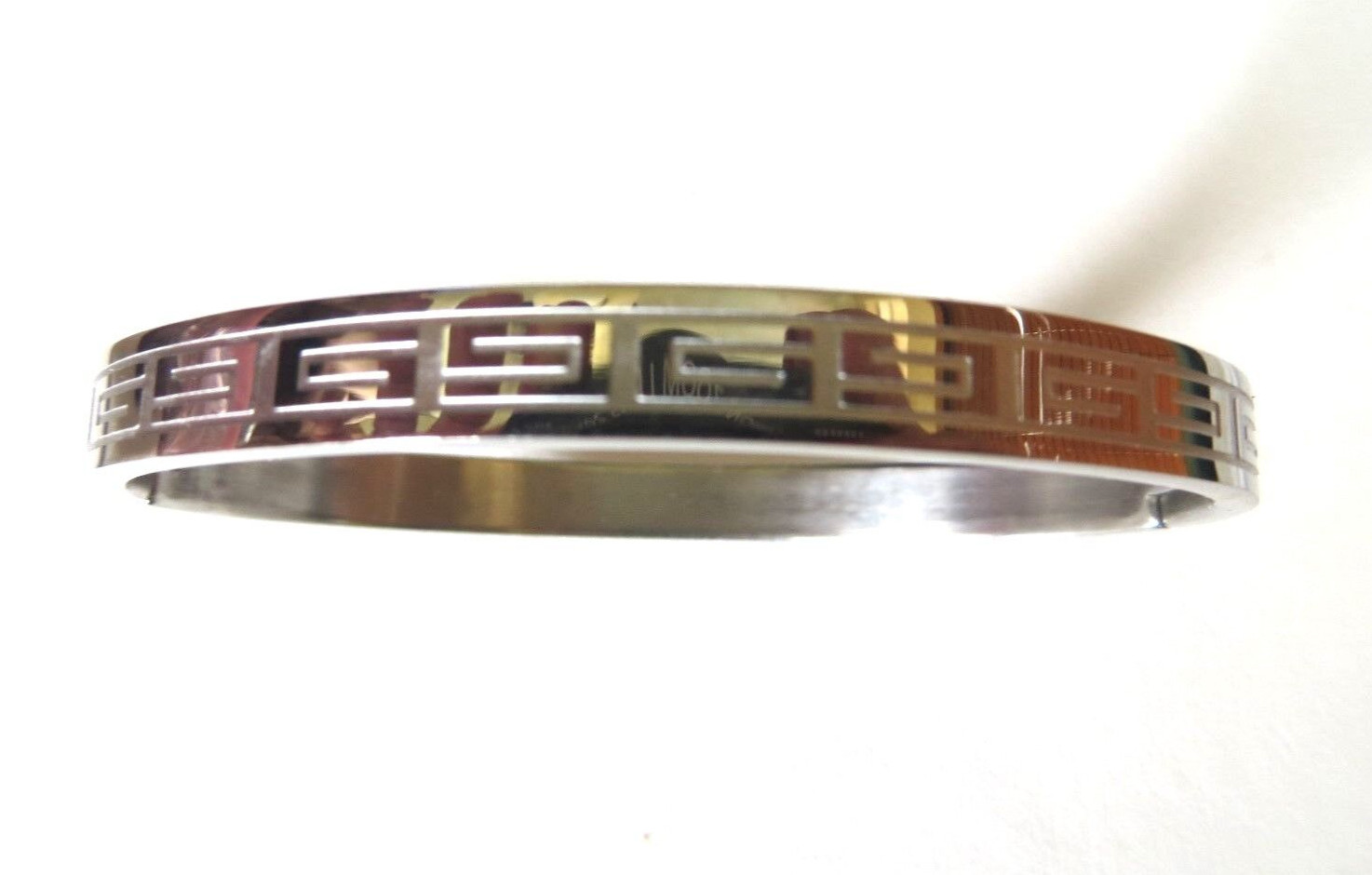 Women’s Polished Stainless Steel Greek Key Design Bangle 6.7 MM 6.5 Inches