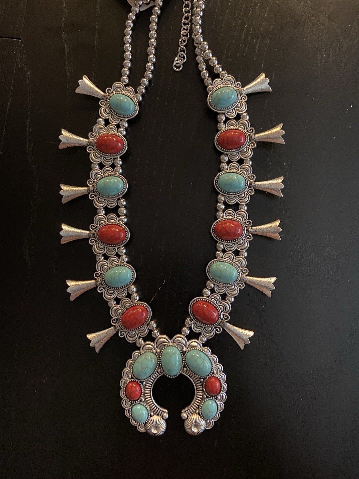 RED BLUE Silver FAUX TURQUOISE SQUASH BLOSSOM HUGE NECKLACE 23 INCH 2 1/2 IN