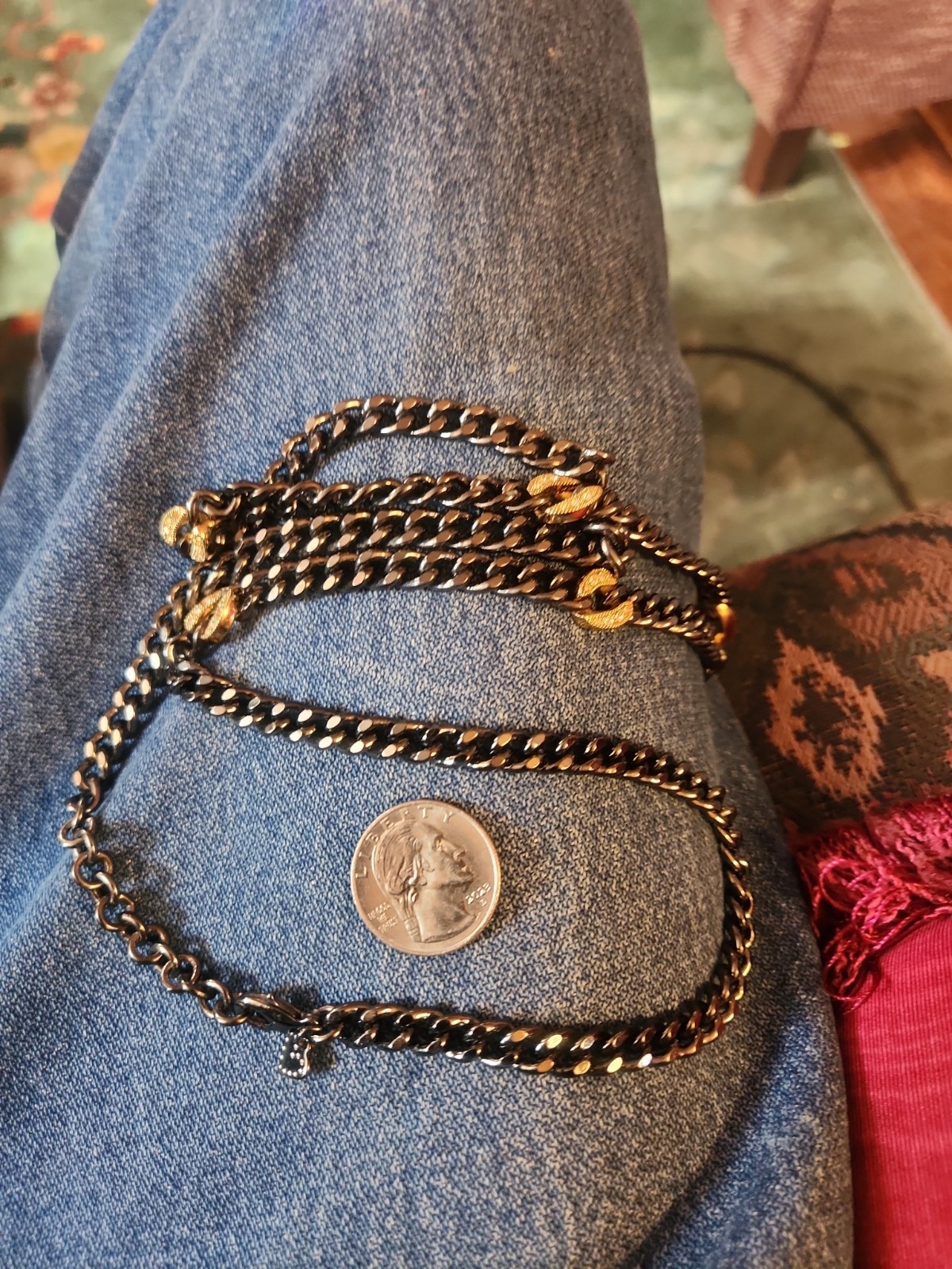Stella&Dot Necklace, Gunmetal Hematite & Pave 34″Chain Link Adjustable,Gold Tone