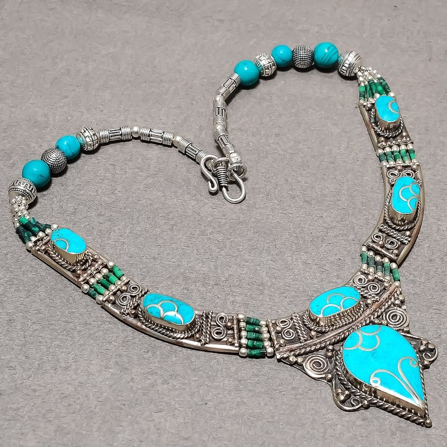 Tibetan Turquoise Handmade Statement Bohemian Nepali Jewelry Necklace 18″ SR53