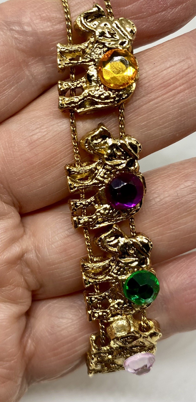 Vintage Gold-Toned Slide Bracelet with Elephants & Rhinestones