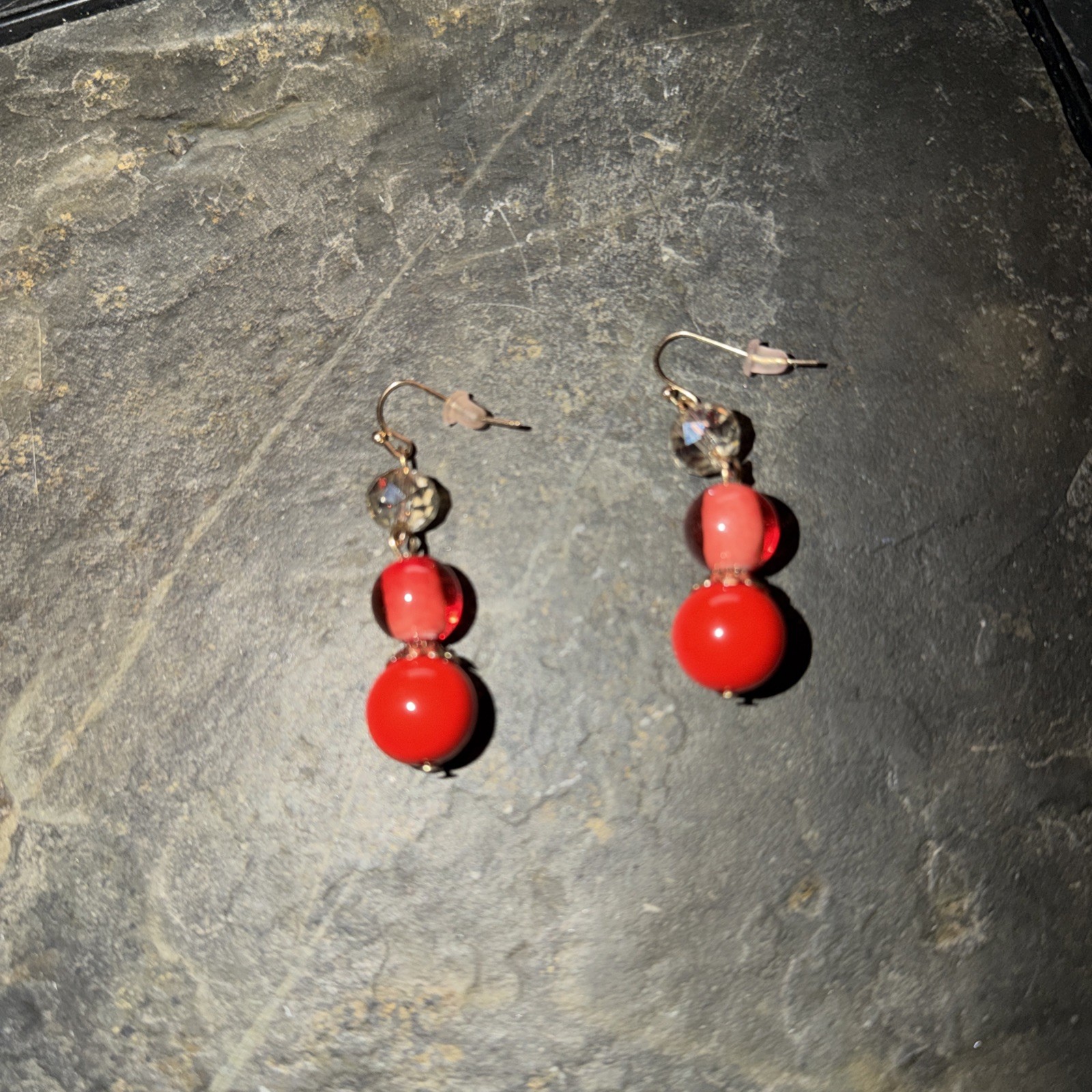 Red Bead Drop Dangle Earrings Clear Faceted Crystal Bead Pierced Fishhook