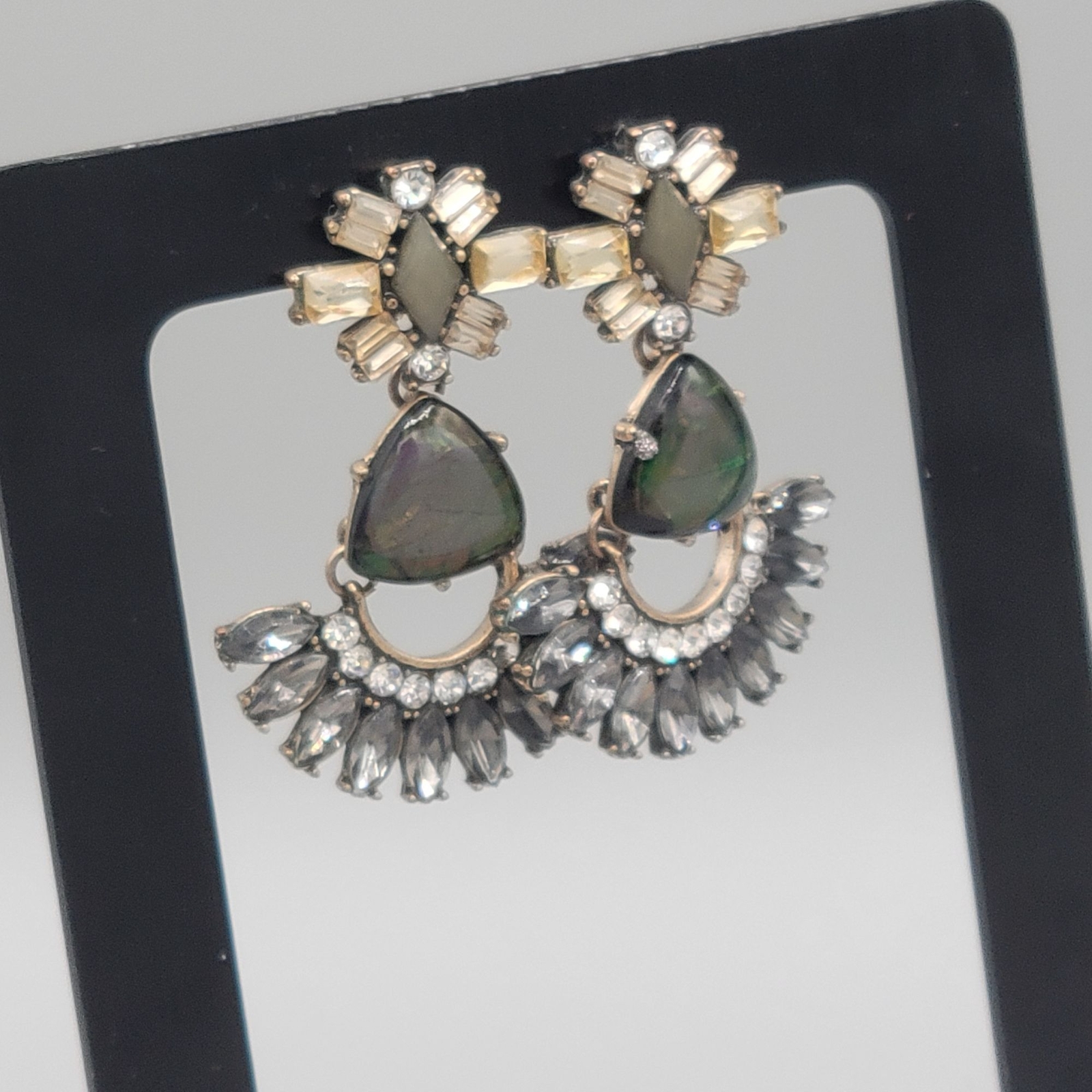 Dangling Earrings Green and Black Beads with Rhinestone Accents 2 inches Length
