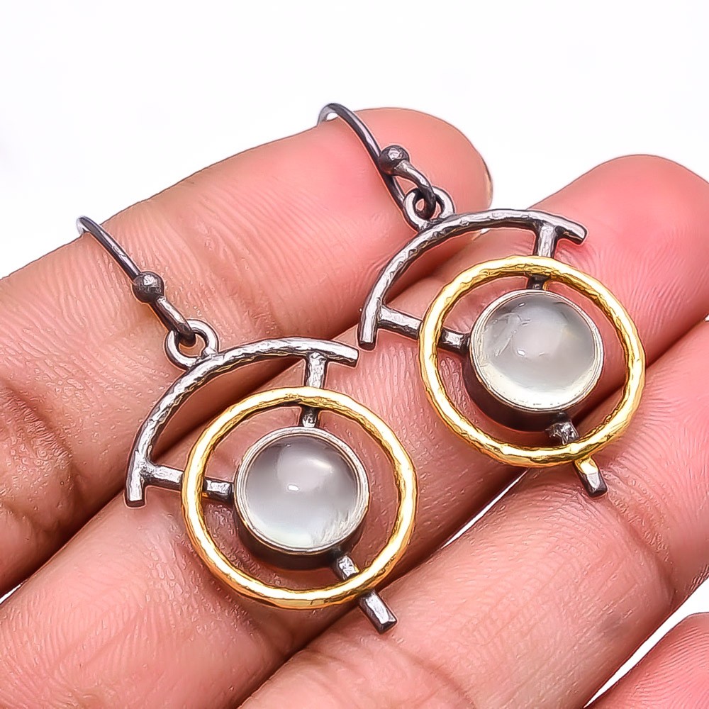 Pink Rose Quartz 925 Silver Handmade Black & Gold Plated Earring 1.64″ E49