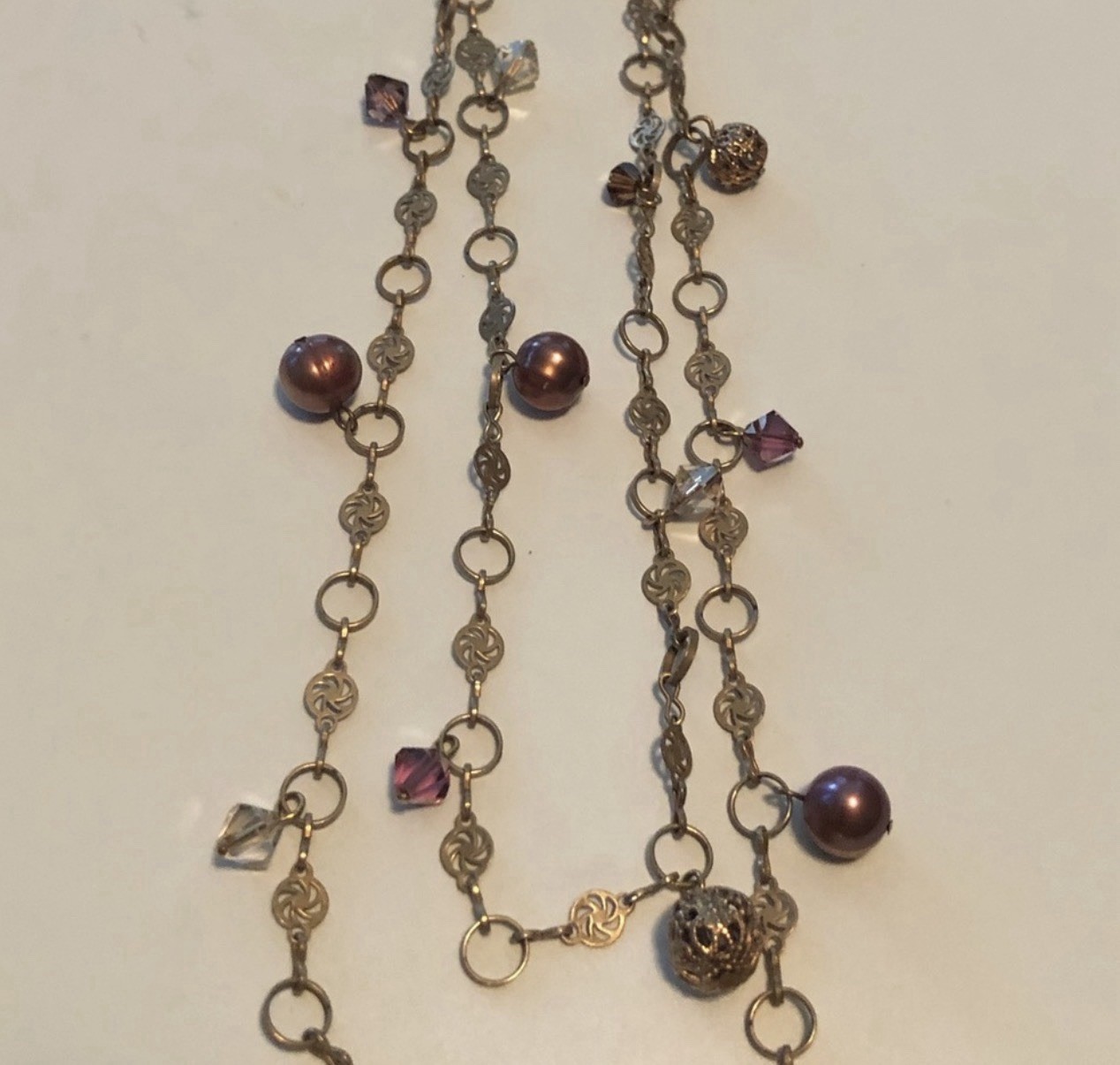 Layered Multi-Strand Chain Necklace w/ Purple Pearls & Crystals